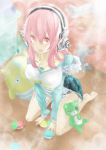  1girl breasts cat cleavage haziketti headphones highres large_breasts long_hair looking_at_viewer macaron nitroplus open_mouth pink_eyes pink_hair solo stuffed_animal stuffed_toy super_sonico teddy_bear 