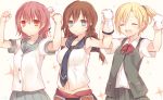  3girls ^_^ arms_up bare_shoulders blonde_hair braid brown_hair clenched_hands closed_eyes dress_shirt gloves green_eyes kantai_collection kasu_(return) kinu_(kantai_collection) long_hair maikaze_(kantai_collection) multiple_girls noshiro_(kantai_collection) open_mouth personification pink_hair red_eyes shirt short_hair skirt smile twin_braids vest white_gloves 