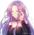  1girl bare_shoulders breasts collar fate/stay_night fate_(series) glasses long_hair purple_hair rider solo violet_eyes white_s 