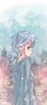  1girl blue_eyes dysfunctional_systems highres hoodie rtil short_hair silver_hair smile snowing winter_harrison 