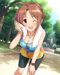  1girl ;d ahoge artist_request breasts brown_hair cleavage idolmaster idolmaster_cinderella_girls jewelry necklace official_art open_mouth red_eyes saitou_youko short_hair smile sunglasses_removed sweat sweating towel wink wiping_sweat 
