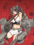  1girl apple armpits black_hair blush breasts cannon elbow_gloves fingerless_gloves food fruit gloves hair_ornament hairband headgear kantai_collection kure_masahiro long_hair nagato_(kantai_collection) navel open_mouth personification red_background red_eyes skirt solo thigh-highs 