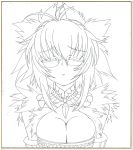  1girl breasts bust cleavage closed_eyes fuurin_rei highres large_breasts lineart long_hair monochrome original solo tomoyan_(nyakkoya) 