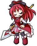  1girl chibi dress mahou_shoujo_madoka_magica pocky polearm red_dress red_eyes redhead sakura_kyouko shinjitsu spear tagme weapon 