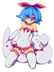  1girl bare_shoulders blue_hair blush detached_collar detached_sleeves disgaea flat_chest hairband looking_at_viewer metata original panties pleinair pointy_ears rabbit red_eyes short_hair simple_background solo stuffed_animal stuffed_toy thigh-highs underwear usagi-san white_background white_legwear white_panties 