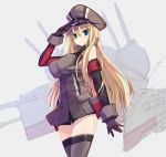  1girl bismarck_(kantai_collection) blonde_hair blue_eyes gloves kantai_collection long_hair military military_hat military_uniform personification salute sketch solo tahya thigh-highs uniform very_long_hair 