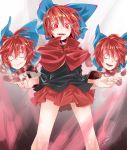  1girl bow cape crazy_eyes disembodied_head hair_bow highres long_sleeves nukekubi open_mouth red_eyes redhead sekibanki short_hair skirt smile solo touhou 