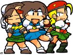  3girls alternate_costume antenna_hair beret blush bracelet brown_hair bun_cover cammy_white chibi chun-li double_bun hat headband jewelry kasugano_sakura kurohaneco multiple_girls school_uniform serafuku spiked_bracelet spikes street_fighter 