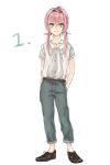  1boy blue_eyes hairband hands_in_pockets inazuma_eleven_(series) inazuma_eleven_go jewelry kirino_ranmaru long_hair male necklace pink_hair shino_(syllable) simple_background solo standing twintails white_background 