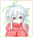  1girl breasts bust fuurin_rei highres large_breasts long_hair looking_at_viewer original red_eyes simple_background smile solo sweater tomoyan_(nyakkoya) traditional_media white_background white_hair 