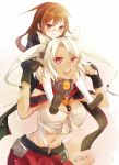  2girls brown_eyes brown_hair dark_skin glasses holding_hands kantai_collection long_hair mochizuki_(kantai_collection) multiple_girls musashi_(kantai_collection) navel nunucco open_mouth personification piggyback red-framed_glasses red_eyes sarashi semi-rimless_glasses skirt twintails under-rim_glasses white_hair 