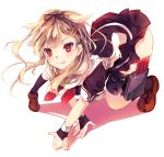  1girl :q all_fours amanatsu_yuzuka black_legwear blonde_hair blush fingerless_gloves gloves hair_ornament hair_ribbon hairclip kantai_collection long_hair mary_janes personification red_eyes ribbon school_uniform serafuku shoes skirt socks solo tongue yuudachi_(kantai_collection) 