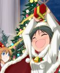  2girls arms_up bell black_hair blue_eyes charlotte_e_yeager christmas_ornaments christmas_tree closed_eyes francesca_lucchini gift hat multiple_girls open_mouth orange_hair party_hat santa_hat sayu_(mio-mosa) smile strike_witches twintails 