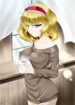  1girl alice_margatroid blonde_hair blue_eyes breasts coffee coffee_mug collarbone highres large_breasts lips marl35 naked_sweater solo sweater touhou 