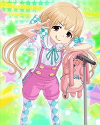  1girl argyle argyle_legwear artist_request blonde_hair bow brown_eyes futaba_anzu hair_bow idolmaster idolmaster_cinderella_girls long_hair microphone microphone_stand official_art overalls pantyhose ribbon solo star stuffed_animal stuffed_bunny stuffed_toy v 