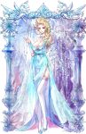  1girl bare_shoulders blonde_hair blue_dress breasts brown_eyes cleavage dated detached_sleeves dress elsa_(frozen) frozen_(disney) garter_belt highres ice jewelry large_breasts legs loiza long_hair long_legs necklace rococo signature smile solo 