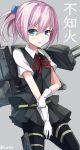  1girl blue_eyes gloves kantai_collection looking_at_viewer personification pink_hair school_uniform shiranui_(kantai_collection) smile solo translated 