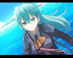  1girl aqua_eyes ascot blazer blue_sky bust green_eyes hair_ornament hairclip kantai_collection letterboxed ocean sky smile solo suzune_rai tsukamoto_minori 