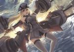  1girl bismarck_(kantai_collection) blonde_hair blue_eyes breasts brown_gloves clouds detached_sleeves dutch_angle gloves grey_legwear hair_between_eyes hat kantai_collection ks long_hair machinery open_mouth outstretched_arm personification ship solo thigh-highs water 