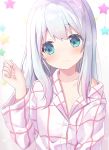  1girl bangs blue_eyes blush closed_mouth collarbone eromanga_sensei eyebrows_visible_through_hair hand_up izumi_sagiri light_frown long_hair looking_to_the_side loose_shirt plaid plaid_shirt shirt silver_hair solo star starry_background tareme upper_body white_hair white_shirt yano_mitsuki 