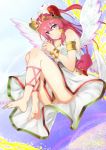  1girl ankle_lace-up bare_shoulders barefoot bracelet cross-laced_footwear hachi105 hands_clasped headdress heart heart-shaped_pupils highres jewelry long_hair looking_at_viewer pink_hair puzzle_&amp;_dragons smile solo symbol-shaped_pupils venus_(p&amp;d) wings yellow_eyes 