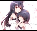  2girls bare_shoulders black_hair blush breasts brown_hair cherry_rosso closed_eyes detached_sleeves fusou_(kantai_collection) hair_ornament japanese_clothes kantai_collection long_hair multiple_girls personification red_eyes short_hair skirt smile yamashiro_(kantai_collection) 