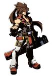  1boy belt brown_hair fingerless_gloves gloves guilty_gear guilty_gear_xrd headband long_hair male muscle piko_(osso) ponytail red_eyes smile sol_badguy solo sword weapon 