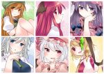  6+girls bat_wings blonde_hair blue_dress blue_eyes bow braid brooch brown_eyes brown_hair commentary_request dress finger_to_mouth flandre_scarlet green_dress hair_ribbon hammer_(sunset_beach) hand_on_own_cheek head_wings hong_meiling izayoi_sakuya jewelry koakuma looking_at_viewer mob_cap multiple_girls open_mouth patchouli_knowledge pink_dress pink_eyes puffy_sleeves purple_hair red_dress red_eyes redhead remilia_scarlet ribbon shirt short_sleeves silver_hair sitting smile touhou tress_ribbon twin_braids violet_eyes wings 