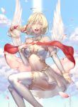  1girl absurdres angel_wings bare_shoulders blonde_hair blue_eyes breasts bridal_gauntlets clouds detached_collar earrings gloves hair_ribbon halo highres jewelry ktn long_hair looking_at_viewer navel open_mouth original petals ponytail ribbon skirt sky solo thigh-highs white_gloves white_legwear wings 