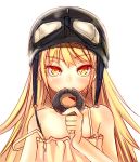  1girl blonde_hair blush bust doughnut helmet long_hair looking_at_viewer monogatari_(series) oshino_shinobu reason_(ficafe) simple_background solo white_background yellow_eyes 