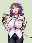  1girl breasts character_request green_eyes large_breasts lips long_hair mole parted_lips purple_hair sagging_breasts shirt solo tsukudani_(coke-buta) whip 