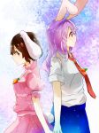  2girls animal_ears back-to-back blush brown_hair bunny_tail carrot carrot_necklace inaba_tewi long_hair multiple_girls necktie purple_hair rabbit_ears red_eyes reisen_udongein_inaba short_hair shukinuko smile tail touhou 