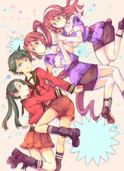  4girls ashigara_(kantai_collection) belt black_hair green_eyes hairband holding_hands hug kantai_collection long_hair mikuma_(kantai_collection) mogami_(kantai_collection) multiple_girls nachi_(kantai_collection) orange_eyes personification puffy_sleeves redhead school_uniform short_hair short_sleeves shorts side_ponytail skirt smile sweatdrop takitarou twintails very_long_hair wavy_hair 