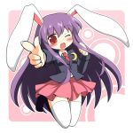  1girl animal_ears blush clenched_hand crescent legs_folded long_hair long_sleeves looking_at_viewer necktie open_mouth pink_background pleated_skirt pointing pointing_at_viewer polka_dot polka_dot_background purple_hair rabbit_ears reisen_udongein_inaba shinshiusa skirt solo suit_jacket thigh-highs touhou very_long_hair violet_eyes wink zettai_ryouiki 