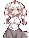  1girl animal_ears bare_shoulders blush breasts chikuwa_savi detached_sleeves hat inubashiri_momiji large_breasts looking_at_viewer open_mouth red_eyes short_hair silver_hair simple_background skirt solo tokin_hat touhou white_background wolf_ears 