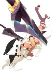  1girl breasts brown_legwear cape dark_skin grin guilty_gear guilty_gear_xrd hat long_hair looking_at_viewer lying on_stomach ramletherl_valentine red_eyes sharp_teeth slit_pupils smile sumi_keiichi sword thigh-highs toeless_legwear weapon white_background white_hair 
