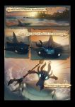  1boy chomper city city_lights comic english fizz_(league_of_legends) glowing glowing_eyes highres league_of_legends monster_boy panorama polearm shark ship trident weapon 