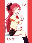  1girl blush bow fang hair_bow heart hiroshi_(kitaro) long_hair looking_at_viewer mahou_shoujo_madoka_magica open_mouth plaid plaid_skirt pocky pocky_day ponytail red_eyes redhead sakura_kyouko school_uniform sitting skirt socks solo 