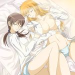  2girls arm_hug breasts brown_hair charlotte_e_yeager closed_eyes gertrud_barkhorn hair_ribbon highres jatts large_breasts lying multiple_girls open_clothes open_shirt orange_hair panties ribbon sleeping strike_witches twintails underwear 