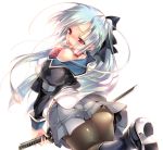  1girl black_legwear blue_hair blush boots bow breasts finger_licking from_behind hair_bow highres kamishiki katana leg_up licking long_hair off_shoulder pantyhose red_eyes school_uniform skirt solo sword weapon white_background 