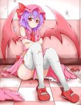  1girl ascot bare_shoulders checkered checkered_floor karamoneeze lavender_hair looking_at_viewer mary_janes red_eyes remilia_scarlet shoes sitting solo thighhighs torn_clothes torn_thighhighs touhou white_legwear wings 