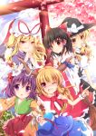  5girls absurdres blonde_hair blue_sky bow broom brown_eyes brown_hair cherry_blossoms clouds dango detached_sleeves dress enjoy_mix fang floral_print flower food gap gourd hair_bow hair_flower hair_ornament hair_tubes hakurei_reimu hand_on_own_cheek hat hat_bow hat_ribbon hieda_no_akyuu highres horn_ribbon horns ibuki_suika japanese_clothes kimono kirisame_marisa locked_arms long_sleeves mob_cap mouth_hold multiple_girls open_mouth petals purple_dress purple_hair ribbon shirt skirt skirt_set sky sleeveless sleeveless_shirt smile torii touhou vest violet_eyes wagashi wide_sleeves wink witch_hat yakumo_yukari yellow_eyes 