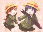  2girls black_hair blush braid brown_eyes brown_hair hat holding_hands kantai_collection kitakami_(kantai_collection) long_hair multiple_girls nunucco ooi_(kantai_collection) open_mouth personification school_uniform serafuku skirt torpedo younger 