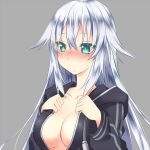  1girl black_heart blush breasts choujigen_game_neptune cleavage frown grey_background long_hair minagi noire open_clothes open_shirt silver_hair solo sweatdrop symbol-shaped_pupils white_hair 