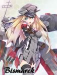  1girl aqua_eyes armband bismarck_(kantai_collection) blonde_hair blush cannon character_name cross hat highres kantai_collection long_hair military military_hat military_uniform open_mouth personification solo thigh-highs uniform very_long_hair weapon yukinon 