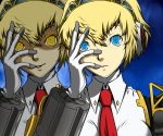  1girl aegis android blonde_hair blue_eyes dark_persona face hand_on_own_face kamui_sathi necktie persona persona_3 persona_4:_the_ultimate_in_mayonaka_arena short_hair solo yellow_eyes 