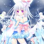  1girl bare_shoulders blush bow breasts cleavage dress hair_bow large_breasts long_hair looking_at_viewer mizuse_ruka open_mouth original purple_hair silver_hair smile snowman solo thigh-highs white_legwear 