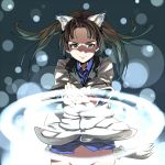  1girl animal_ears blue_eyes brown_hair cat_ears cat_tail georgette_lemare hair_ribbon magic military military_uniform no_pants panties ribbon solo strike_witches tail twintails underwear uniform uno_ichi 