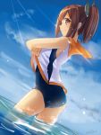 1girl brown_eyes brown_hair i-401_(kantai_collection) kantai_collection nunucco personification profile sailor_collar school_swimsuit shirt_lift short_hair short_ponytail sky solo sunbeam sunlight swimsuit swimsuit_under_clothes wading water 