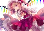  1girl ascot blonde_hair flandre_scarlet hat hat_ribbon mob_cap opopowa pink_eyes puffy_short_sleeves puffy_sleeves ribbon shirt short_sleeves side_ponytail skirt skirt_set smile solo tongue tongue_out touhou vest wings 